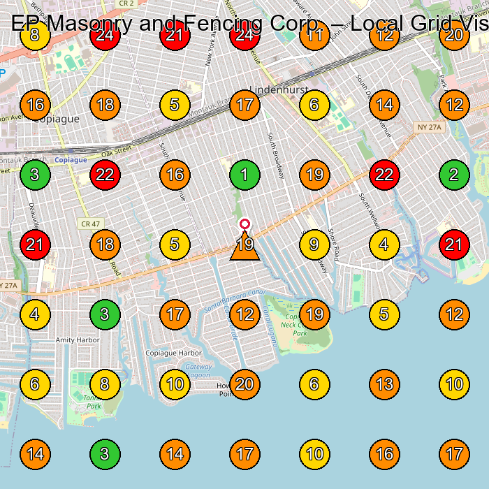 EP Masonry and Fencing Corp. Masonry Contractor GeoGrid ranking map for Lindenhurst NY